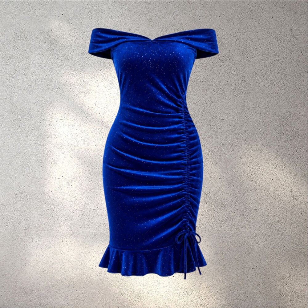 Shein SXY Sparkly Velvet Bodycon Dress Women's 2 Blue Off Shoulder Evening Party